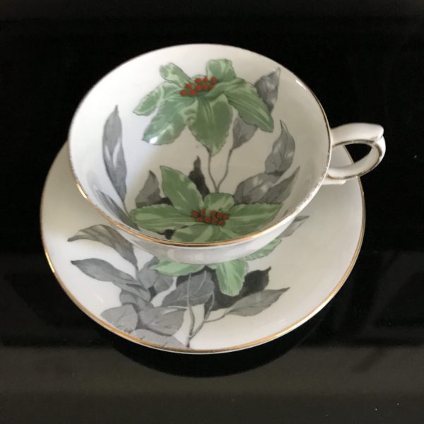 Clarence tea cup and saucer England Fine bone china Green & Orange Flowers with gray leaves gold trim farmhouse collectible display coffee