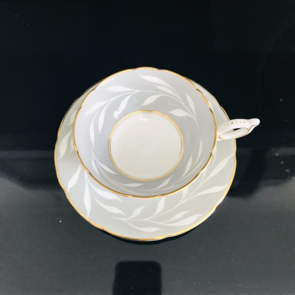 Coalport tea cup and saucer England Fine bone china tree slight gray with wispy white leaves pattern gold trim farmhouse collectible display
