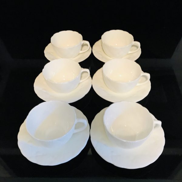 Coalport Wedgwood 6 tea cups and saucers England Fine bone china White raised shell Oceanside pattern farmhouse collectible display dining