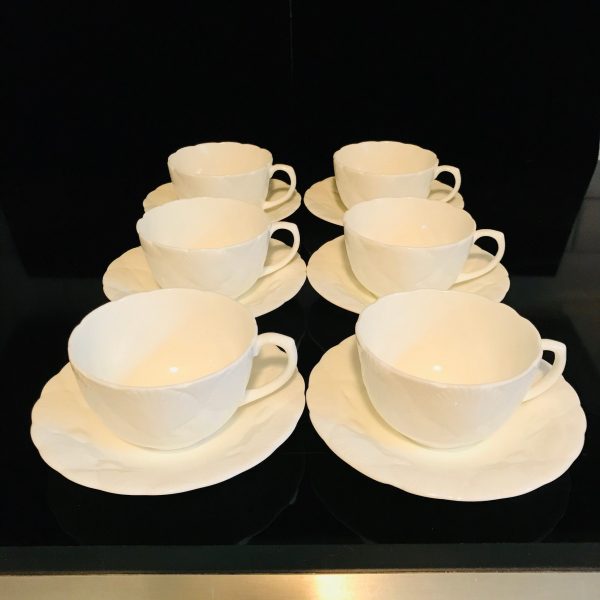 Coalport Wedgwood 6 tea cups and saucers England Fine bone china White raised shell Oceanside pattern farmhouse collectible display dining