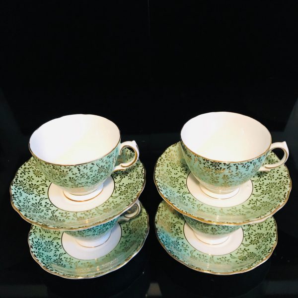 Colclough Set of 4 tea cups and saucers England Fine bone china light green chintz heavy gold trim farmhouse collectible display