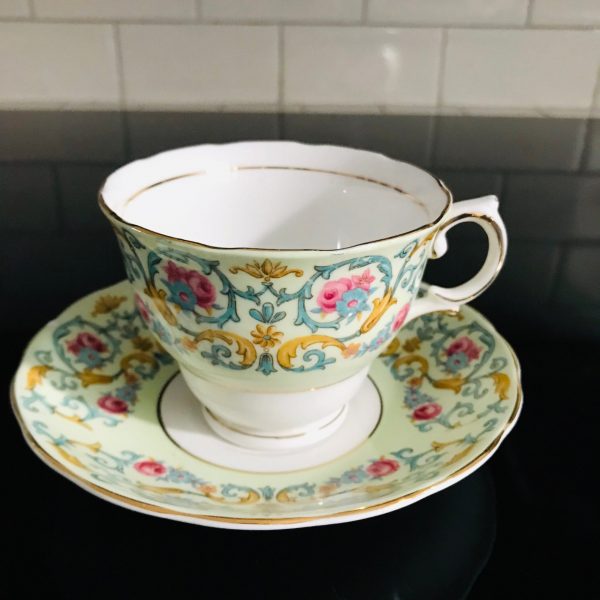 Colclough tea cup and saucer England Fine bone china green with blue chintz scrolls & pink roses farmhouse collectible display