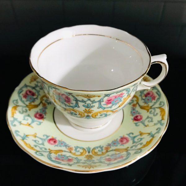 Colclough tea cup and saucer England Fine bone china green with blue chintz scrolls & pink roses farmhouse collectible display