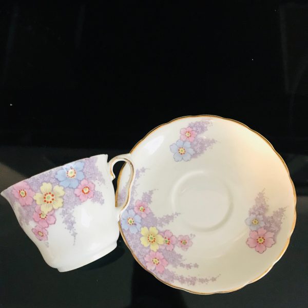 Colclough tea cup and saucer England Fine bone china Lavender Pink Yellow Blue floral farmhouse collectible display coffee