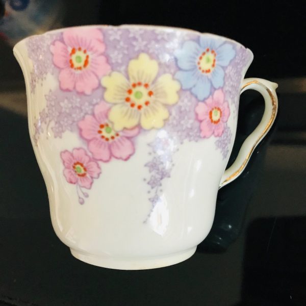 Colclough tea cup and saucer England Fine bone china Lavender Pink Yellow Blue floral farmhouse collectible display coffee