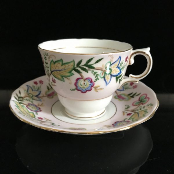 Colclough tea cup and saucer England Fine bone china Pink background blue with dark pink flowers farmhouse collectible display coffee