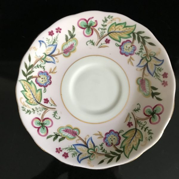 Colclough tea cup and saucer England Fine bone china Pink background blue with dark pink flowers farmhouse collectible display coffee