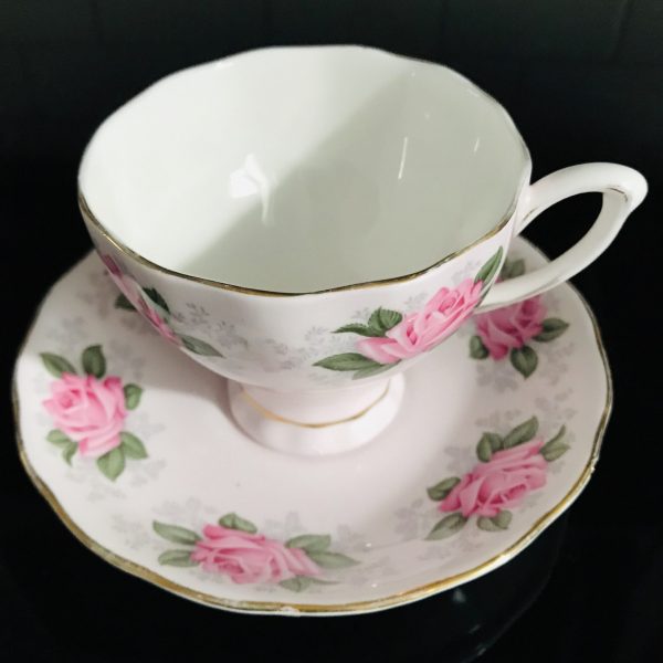 Colclough tea cup and saucer England Fine bone china Pink Rose on pink background white inside farmhouse collectible display coffee