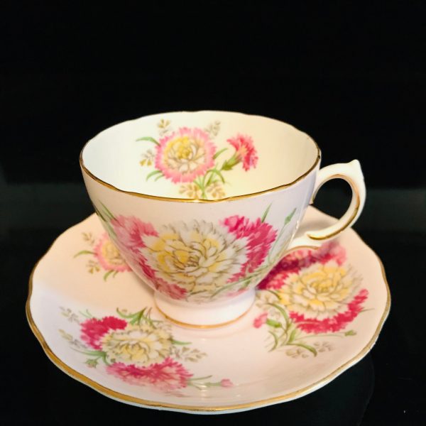 Colclough tea cup and saucer England Fine bone china Pink & yellow carnations pink background farmhouse collectible display coffee cottage