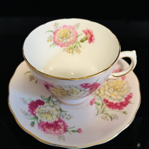 Colclough tea cup and saucer England Fine bone china Pink & yellow carnations pink background farmhouse collectible display coffee cottage