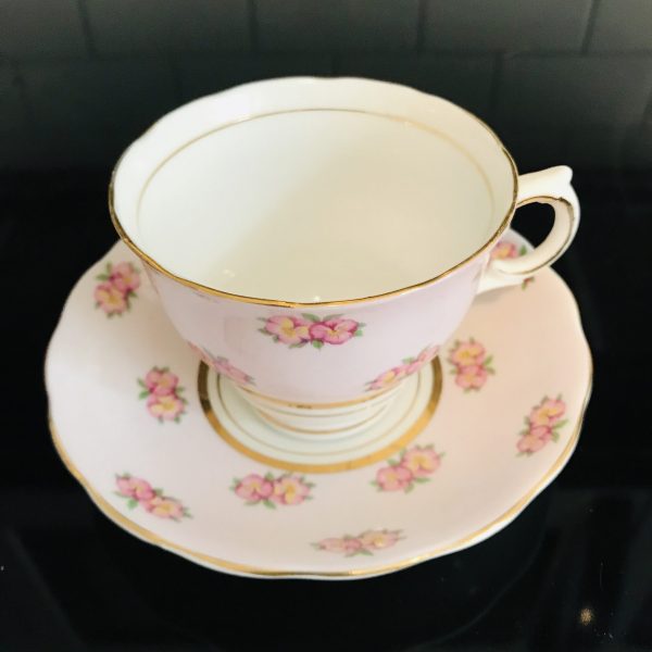 Colclough tea cup and saucer England Fine bone china Pink & yellow Roses on pink background dainty set farmhouse collectible display coffee