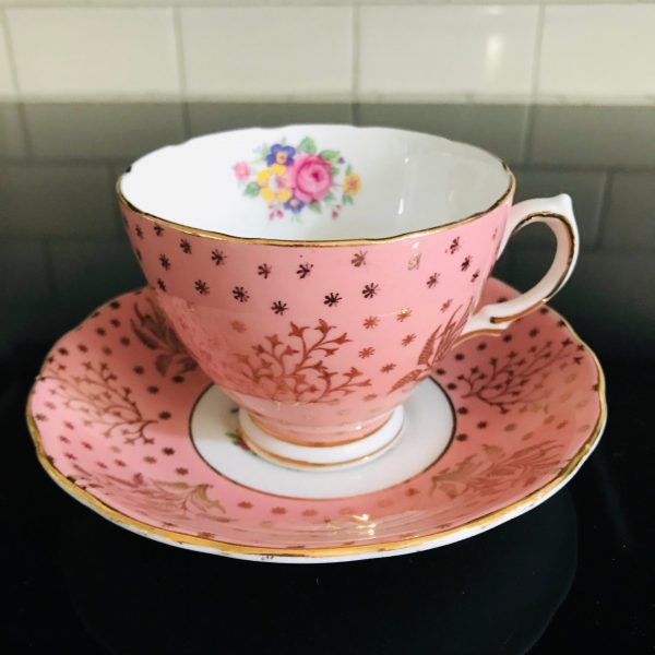 Colclough tea cup and saucer England Fine bone china Raspberry color gold trim floral inside cup farmhouse collectible display