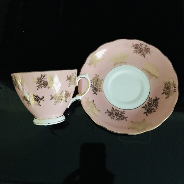 Colclough tea cup and saucer England Fine bone china true pink with chintz gold trim coffee cottage farmhouse collectible display