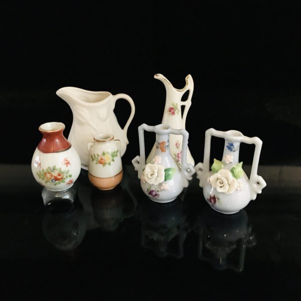 Collectible lot of miniatures curio vases urns ewer pitcher Germany Japan 1940's farmhouse collectibles display cottage bedroom vanity