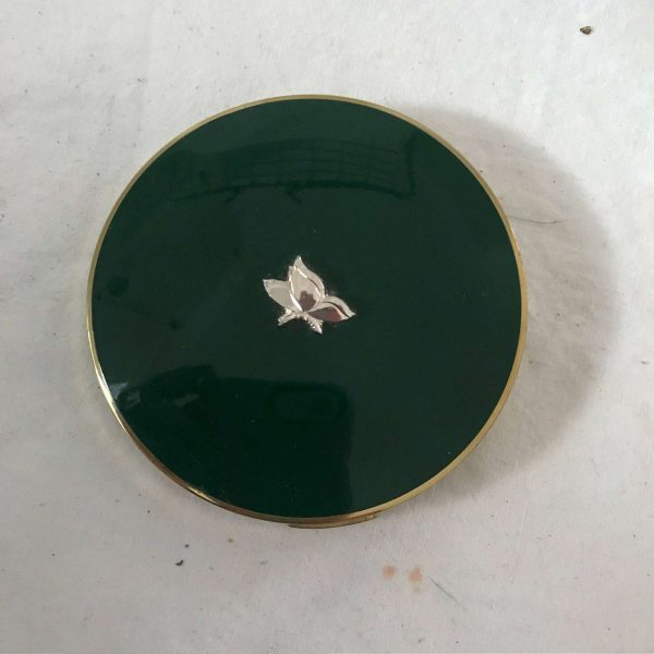 Compact Mid Century Enameled green with silver butterfly center Collectible Display Purse Handbag Accessory Vanity face powder