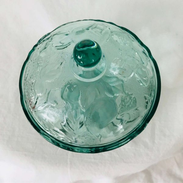 Confections Glass Covered Dish Bowl Indiana Glass 1970 New old stock green Madeira Pattern Cherries and fruit collectible display farmhouse