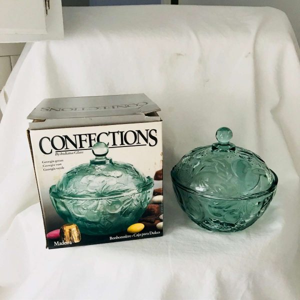 Confections Glass Covered Dish Bowl Indiana Glass 1970 New old stock green Madeira Pattern Cherries and fruit collectible display farmhouse