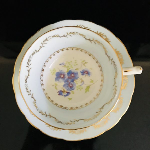 Copeland Grosvenor tea cup and saucer England Fine bone china Lavender Pansies light yellow centers gold trim farmhouse collectible display