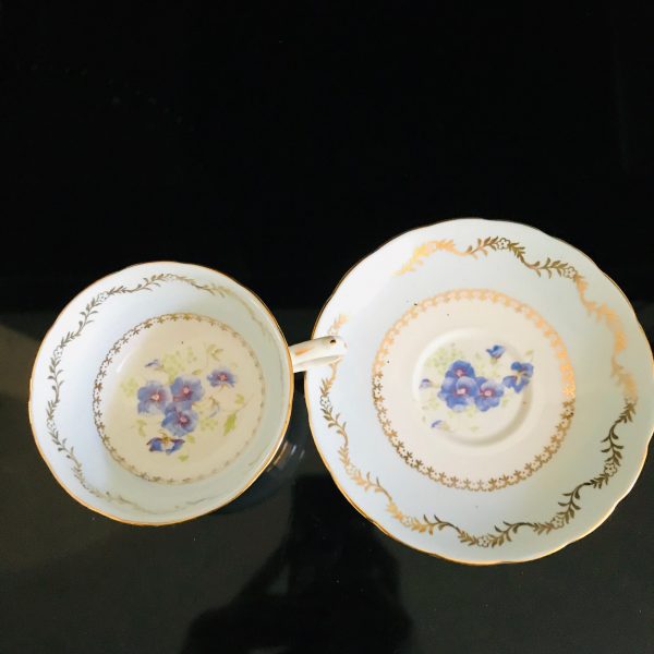 Copeland Grosvenor tea cup and saucer England Fine bone china Lavender Pansies light yellow centers gold trim farmhouse collectible display