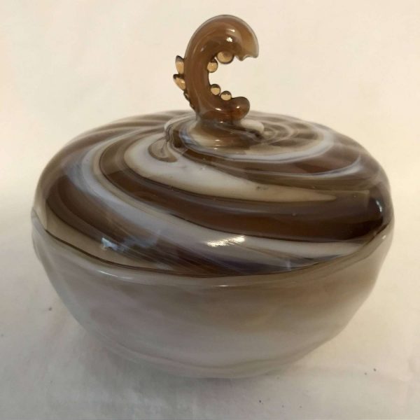 Covered Dish Chocolate Slag glass with Dolphin lid handle candy trinkets buttons rings jewelry round bowl Collectible display