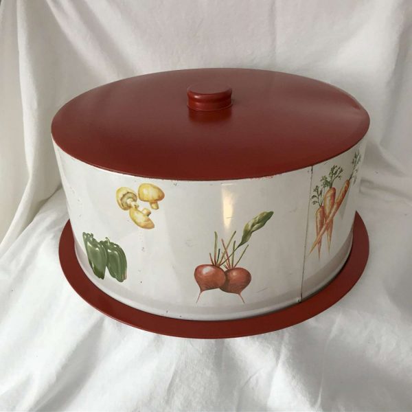 Covered Tin Lito Cake Carrier Server Storage Farmhouse display collectible retro kitchen vegetable print