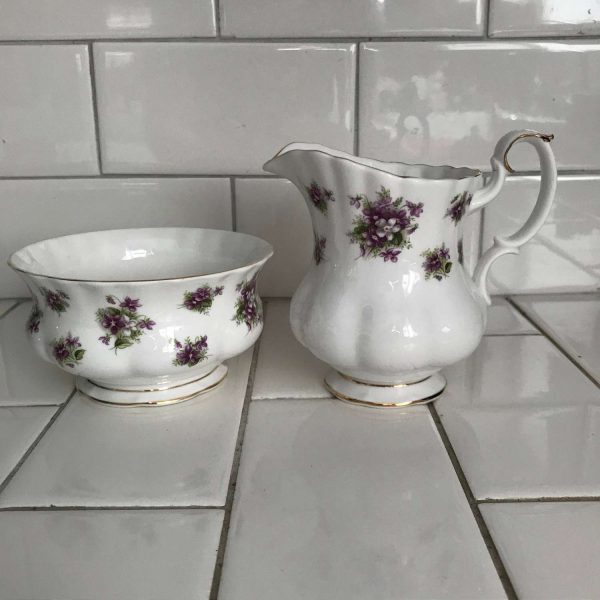 Cream and Sugar Royal Albert England Sweet Violets Pattern gold Trim collectible fine bone china display farmhouse cottage table top