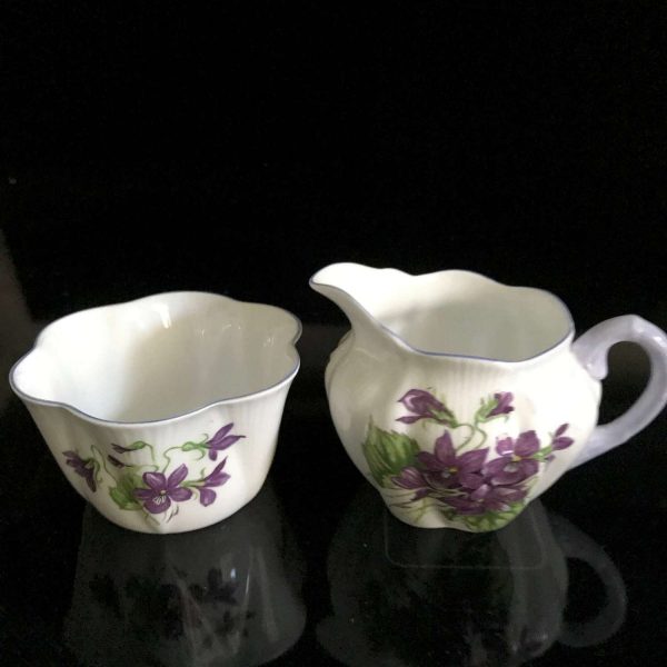 Cream and Sugar Shelley England Violets Pattern lavender Trim collectible fine bone china display farmhouse cottage table top