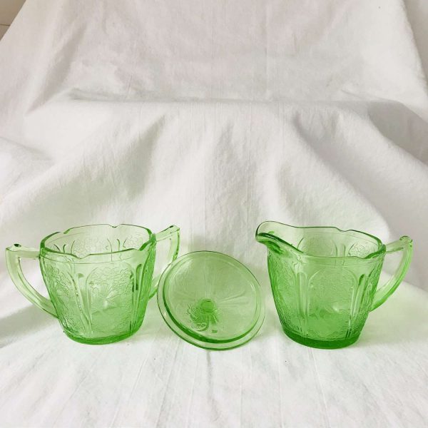 Creamer & Sugar Uranium Glass Cherry Blossom  green farmhouse collectible display kitchen dining serving glowing glass