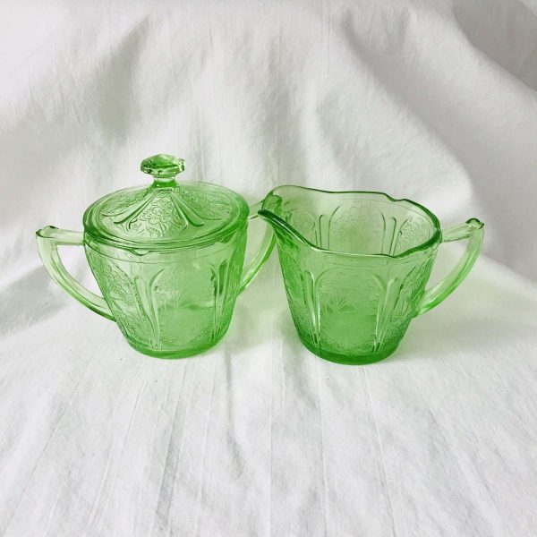 Creamer & Sugar Uranium Glass Cherry Blossom  green farmhouse collectible display kitchen dining serving glowing glass