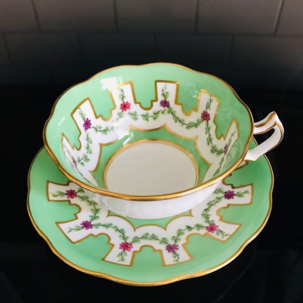 Crescent & Sons tea cup and saucer England Fine bone china Green with floral swags farmhouse collectible display coffee serving RARE