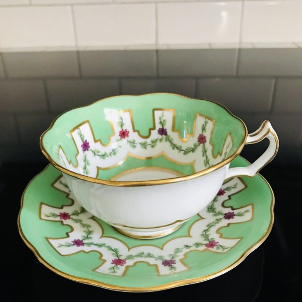 Crescent & Sons tea cup and saucer England Fine bone china Green with floral swags farmhouse collectible display coffee serving RARE