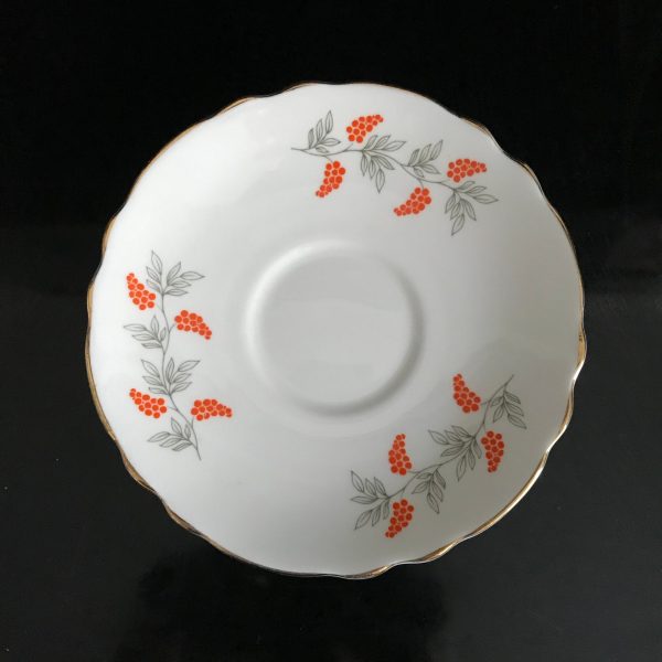 Crown Staffordshire tea cup and saucer England Fine bone china Bright Orange Berries gray leaves gold trim farmhouse collectible display
