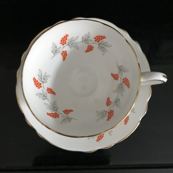 Crown Staffordshire tea cup and saucer England Fine bone china Bright Orange Berries gray leaves gold trim farmhouse collectible display