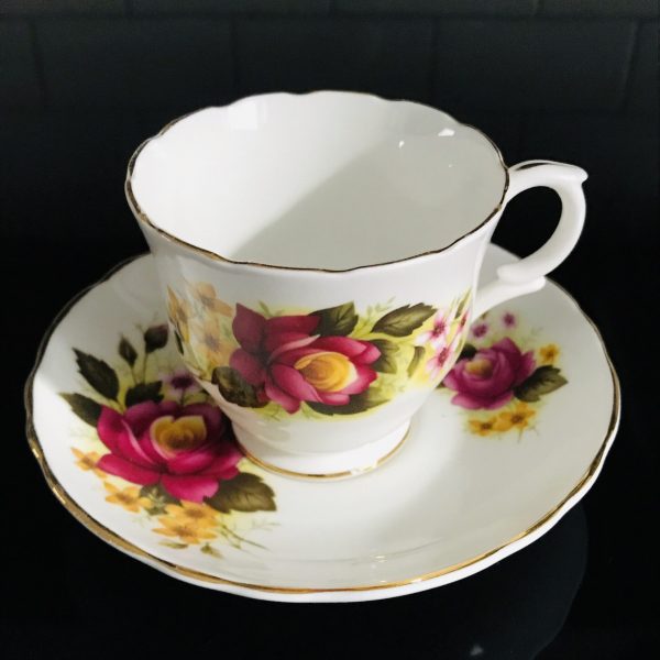 Crown Staffordshire tea cup and saucer England Fine bone china Dark Burgundy Roses with yellow flowers farmhouse collectible display