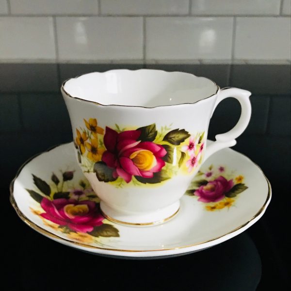 Crown Staffordshire tea cup and saucer England Fine bone china Dark Burgundy Roses with yellow flowers farmhouse collectible display