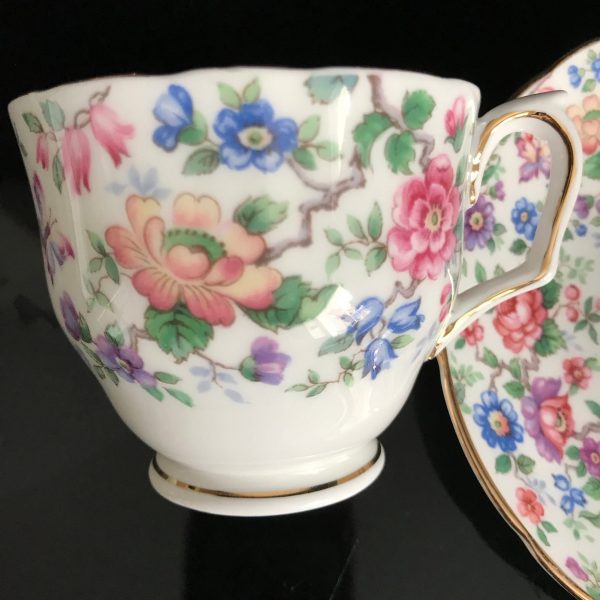 Crown Staffordshire tea cup and saucer England Fine bone china Pink purple blue flowers Chintz farmhouse collectible display coffee bridal