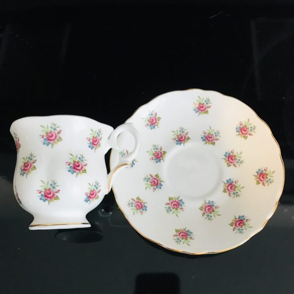 Crown Staffordshire tea cup and saucer England Fine bone china Pink Roses blue flowers Chintz gold trim farmhouse collectible display coffee