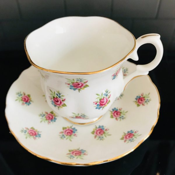Crown Staffordshire tea cup and saucer England Fine bone china Pink Roses blue flowers Chintz gold trim farmhouse collectible display coffee