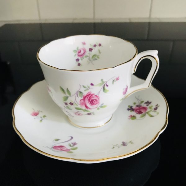 Crown Staffordshire tea cup and saucer England Fine bone china Pink Roses purple flowers gold trim farmhouse collectible display