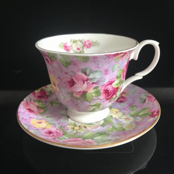 Crown Trent Limited tea cup and saucer England Fine bone china Pink & Yellow Roses Chintz gold trim farmhouse collectible display coffee