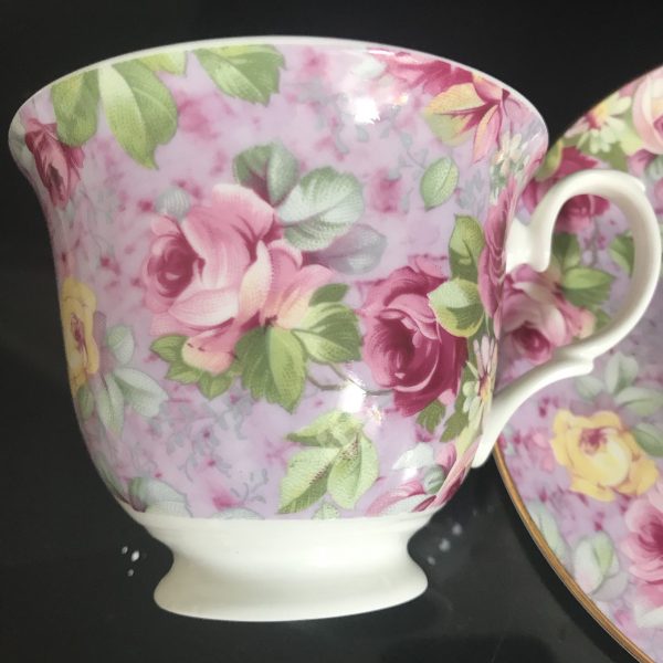 Crown Trent Limited tea cup and saucer England Fine bone china Pink & Yellow Roses Chintz gold trim farmhouse collectible display coffee