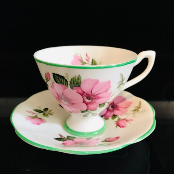 Crownford tea cup and saucer England Fine bone china Pink floral Cosmos green trim farmhouse collectible display