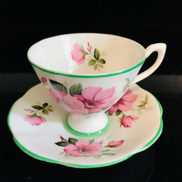 Crownford tea cup and saucer England Fine bone china Pink floral Cosmos green trim farmhouse collectible display