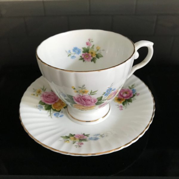 Crownford tea cup and saucer England Fine bone china Pink & Yellow Roses blue flowers gold trim farmhouse collectible display