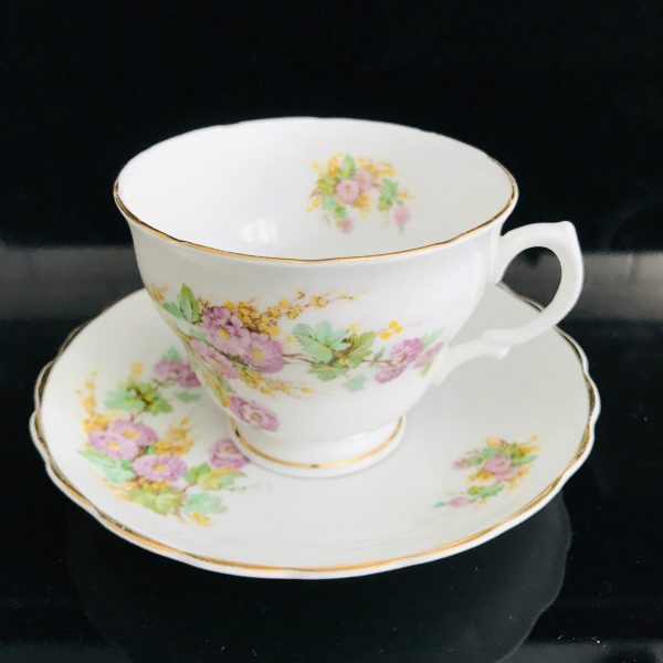 Crownford tea cup and saucer England Lavender and yellow flowers Fine bone china farmhouse collectible display