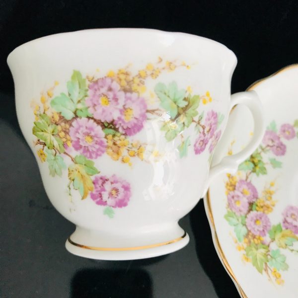Crownford tea cup and saucer England Lavender and yellow flowers Fine bone china farmhouse collectible display