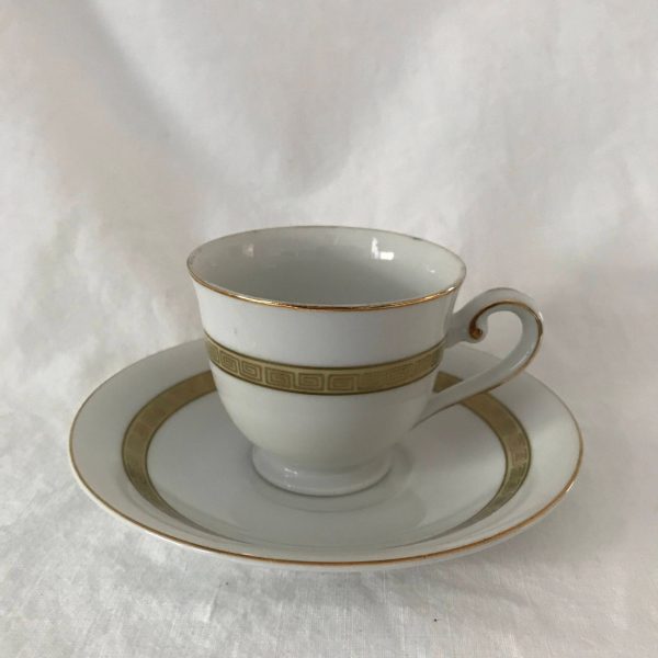 Dainty Delicate Demitasse Tea cup and Saucer Greek Key Gold trim display collectible entertaining dining tea coffee atomic retro