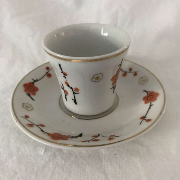 Dainty Demitasse Tea cup and Saucer Mid Century Orange & Black flowers display collectible entertaining dining tea coffee cottage kitchen