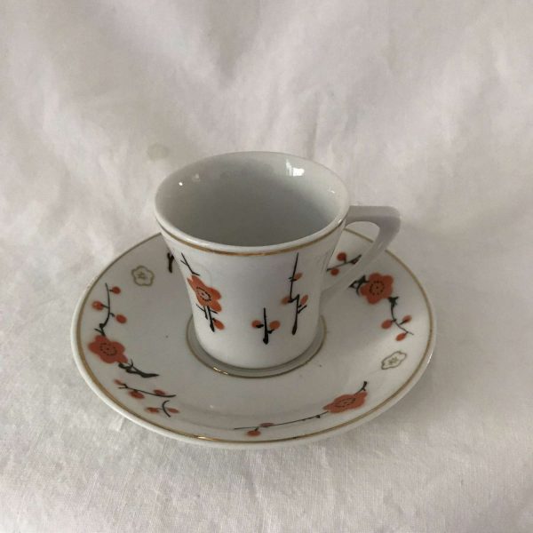 Dainty Demitasse Tea cup and Saucer Mid Century Orange & Black flowers display collectible entertaining dining tea coffee cottage kitchen