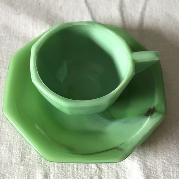 Depression Era Slag Glass Child's tea cup and saucer collectible farmhouse mini's display green slag cottage shabby chic
